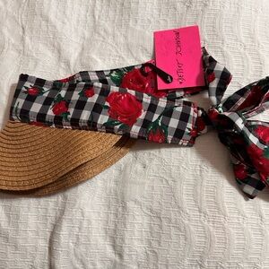 Betsey Johnson Red Floral Checkered Visor